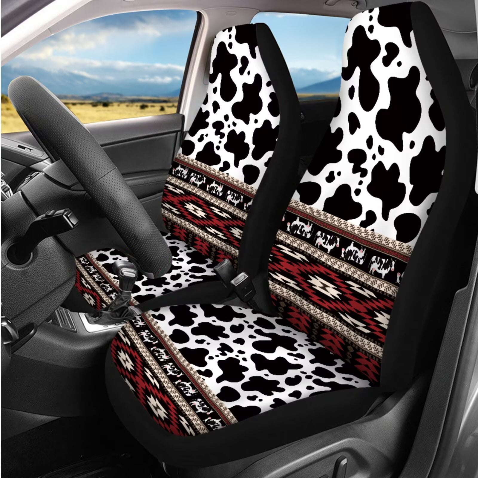 Garronmavis Aztec Cow Print 14 Pcs Car Seat Covers Set with Car Headrest Protector Steering Wheel Cover Arm Rest Cover Auto Seat Belt Covers Keychain and Cup Coaster Fit for Most Cars, SUV