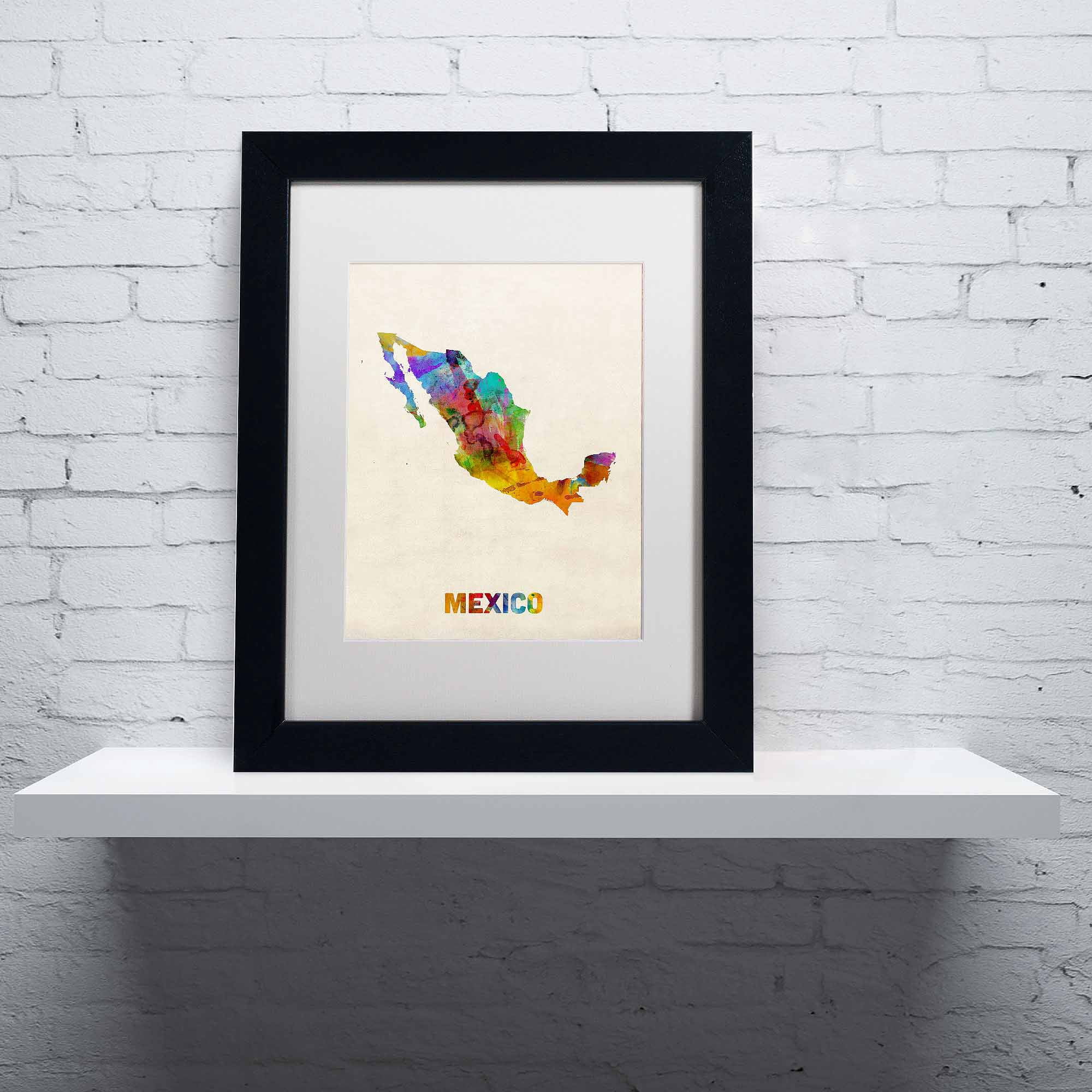 Trademark Fine Art "Mexico Watercolor Map" Canvas Art by Michael Tompsett, White Matte, Black Frame