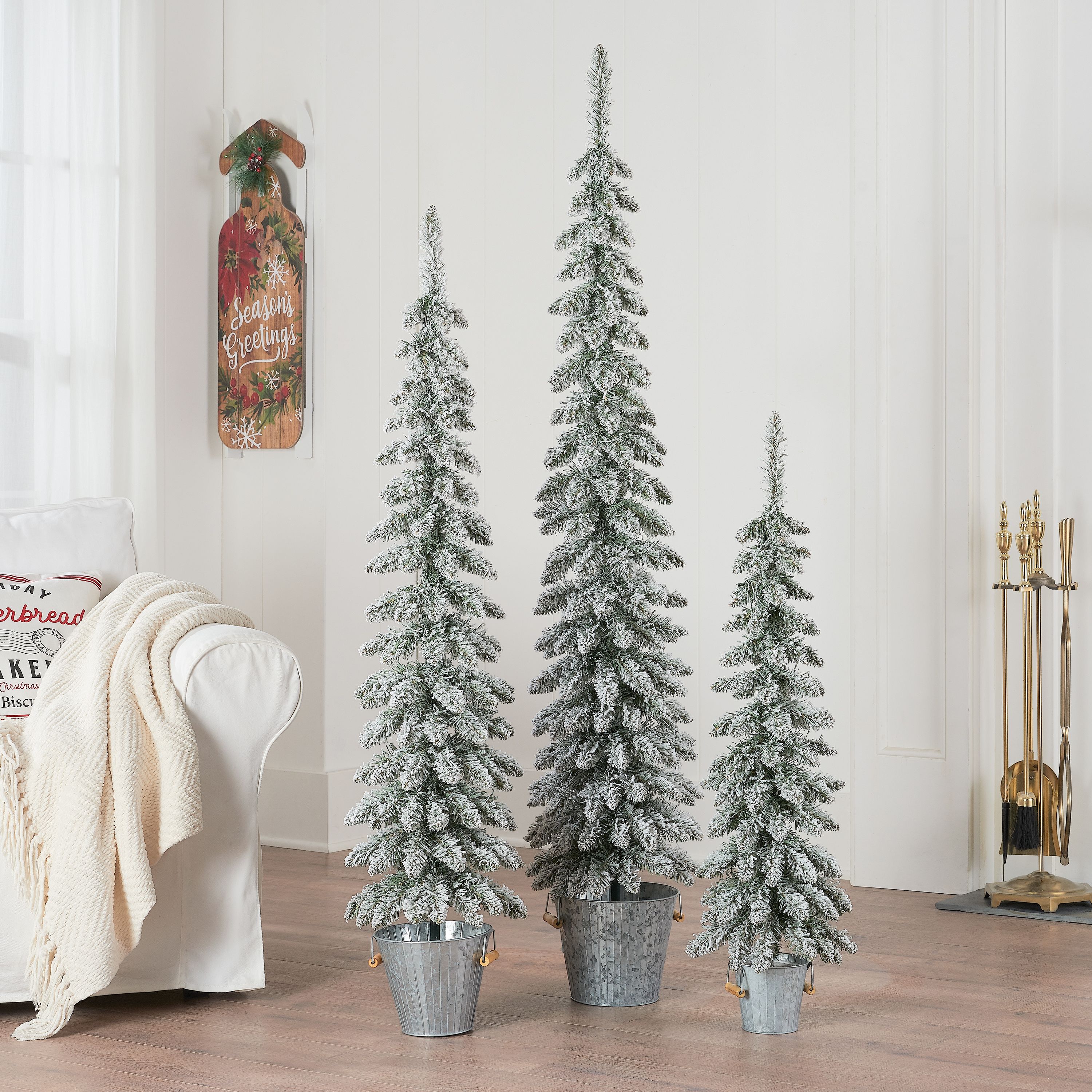 Holiday Time Flocked Pine Tree with Galvanized Pot, Set of 3, 3ft/4ft/5ft - image 2 of 2
