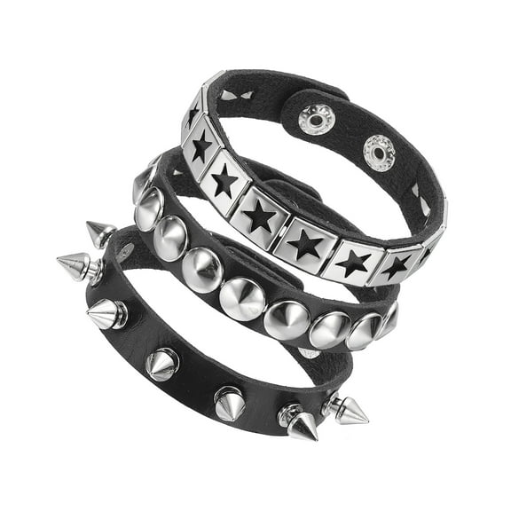 Uxcell 3Pcs Punk Rock Studded Leather Bracelet Set, 8.7"/22cm Goth Spiked Cuff Wristband Adjustable Fashion Bracelets for Halloween Party Favors Emo Grunge Accessories, Black