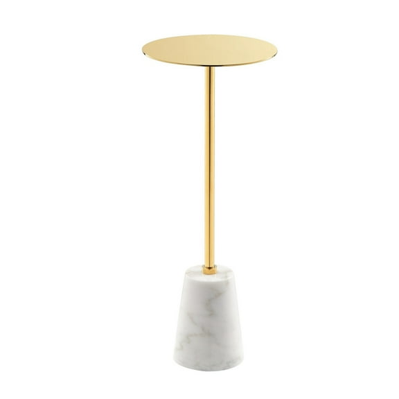 Benjara Sen 8" Side End Drink Table- Round- White Genuine Marble- Gold Finish