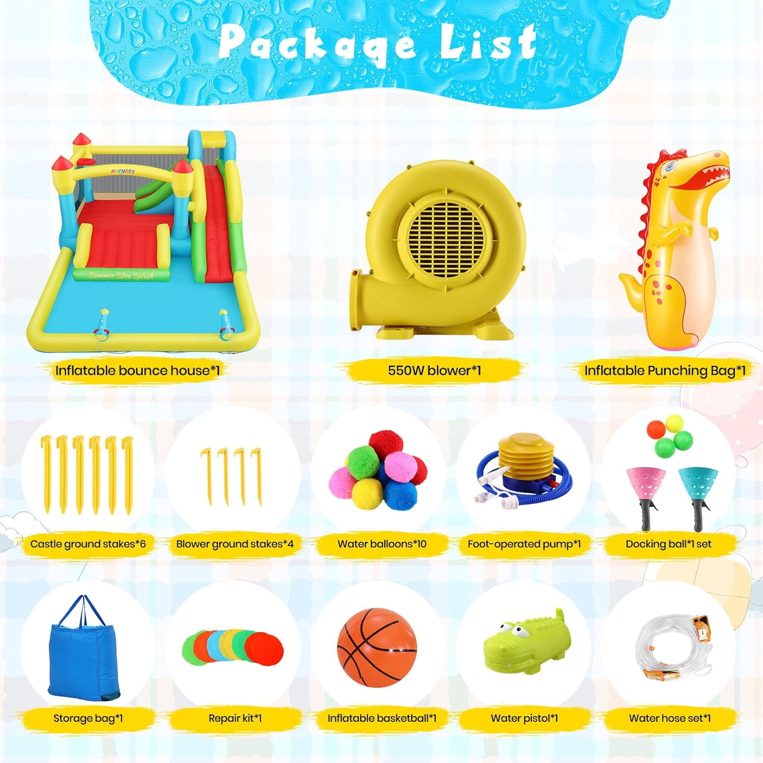 Veeboto Inflatable Water Slide with Blower, Water Park with Pool, Slide, Water Cannon, Climbing Wall, Basketball Hoop, Indoor Outdoor Bounce House for Backyard Party, Birthday Gift, Wet & Dry