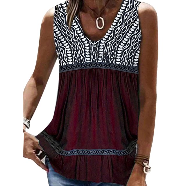Top de verano para mujer, camiseta holgada con cuello en V, sin mangas, con costuras de encaje fluido, camiseta sin mangas plisada detallada para mujer
