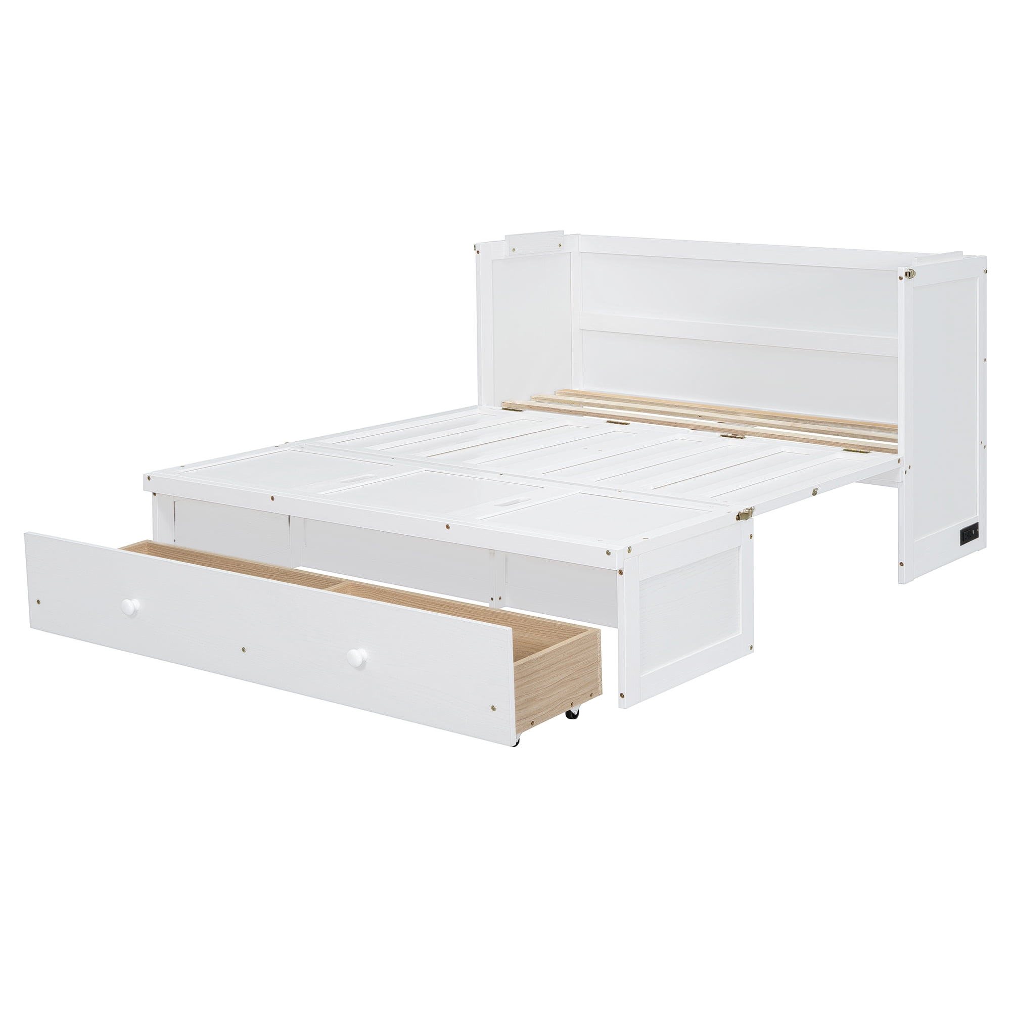 Mintazer Full Murphy Bed with Storage Drawer & Charging Station, Modern Foldable Cabinet Bed for Bedroom Apartment Guest Room, White