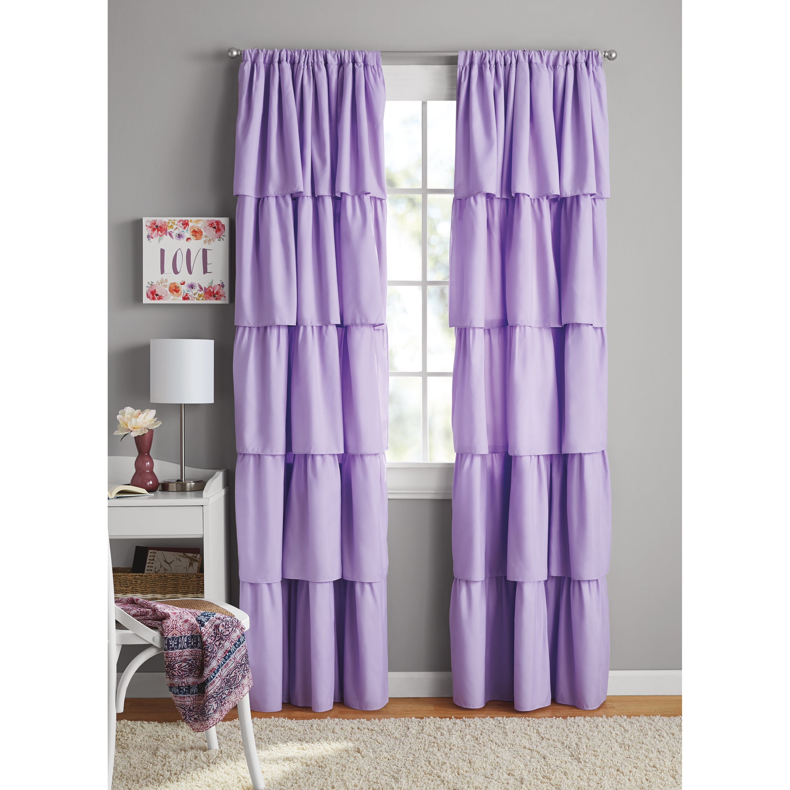 Your Zone Ruffle Girls Bedroom Single Curtain Panel, 42" W x 84"L, Coral
