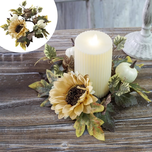 Clearance Fall Table Centerpiece, White Pumpkin Sunflower Candle Holder Set, Rustic Wreath for Thanksgiving & Halloween Decor