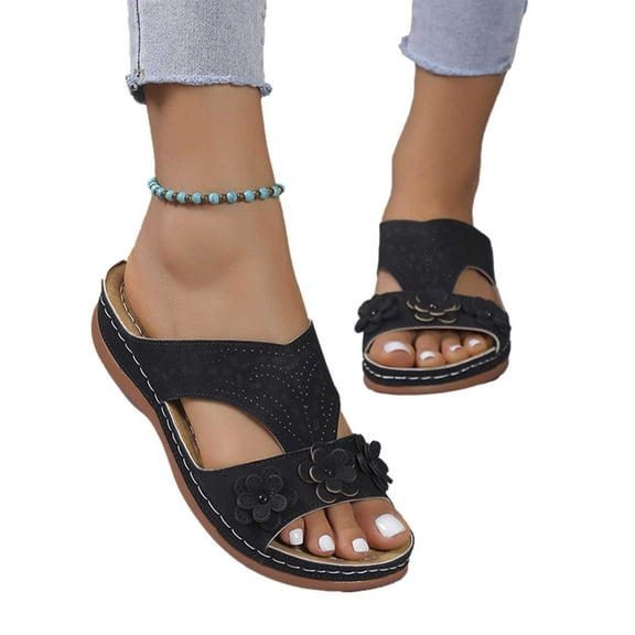 Zedker Strappy Sandals for Women, Summer Sandals Women Slip On Slide Sandals Casual Flowers High-Heeled Flat-Bottomed Ladies Wedge Sandals Slippers