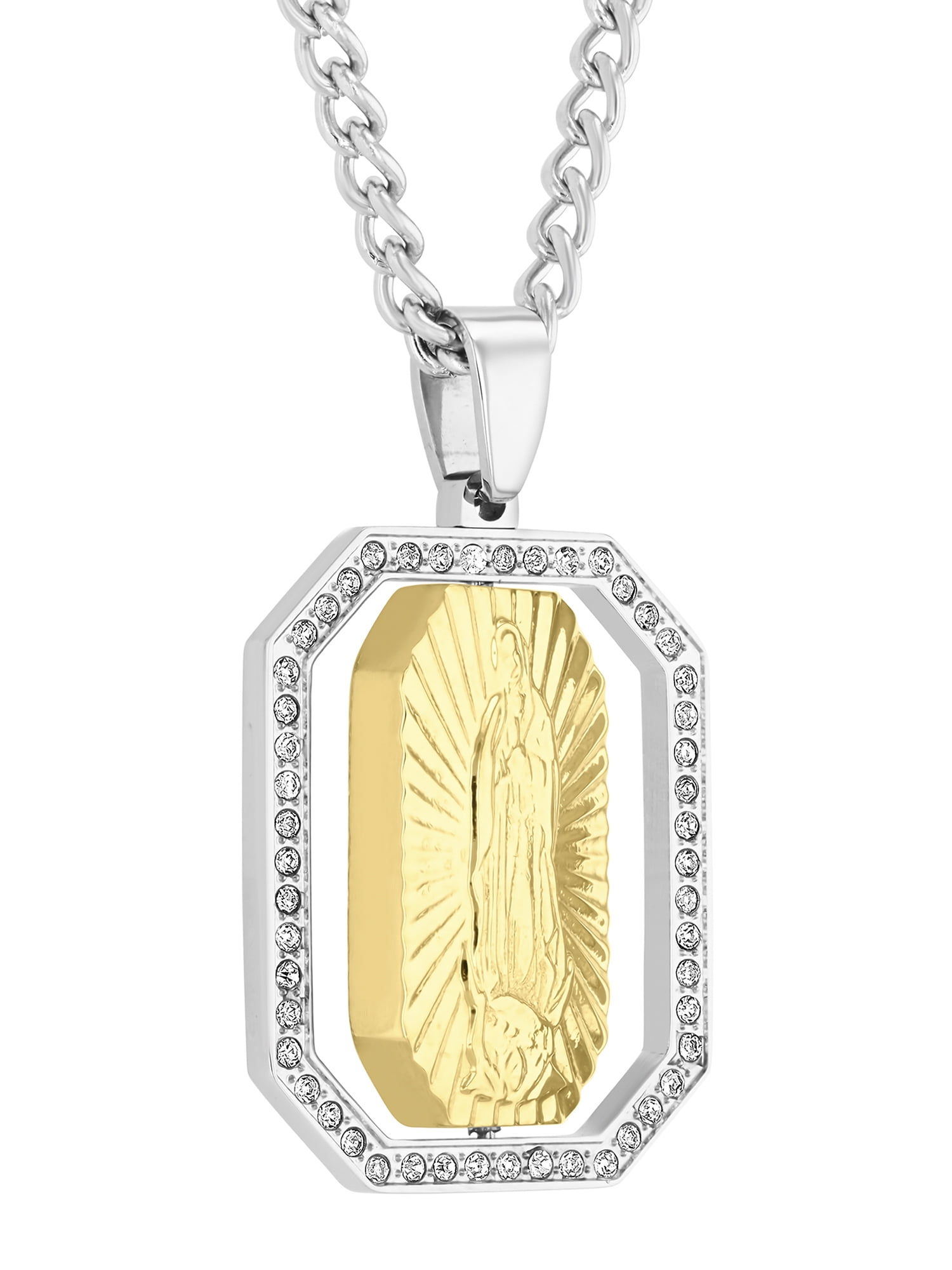 Men's Stainless Steel Two-Tone Rotating Crystal Pendant with Cross & Our Lady of Guadalupe - Believe by Brilliance