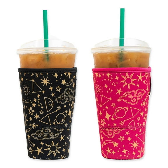 Baxendale and Co 2-Pack Large (32oz) Reusable Neoprene Insulator Sleeve for Iced Coffee or Cold Beverage Cups (Black and Pink Wanderlust)