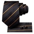thumbnail image 4 of Hi-Tie Black Gold Stripe Ties for Men Jacquard Silk Necktie Handkerchief Cufflinks Set for Formal Business Party Prom, 4 of 7