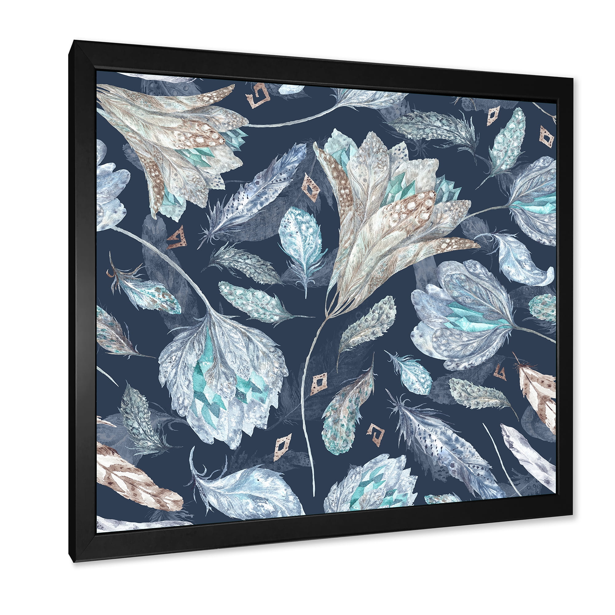 Designart 'Navy Blue Botanical Pattern With Feathers' Traditional Framed Art Print