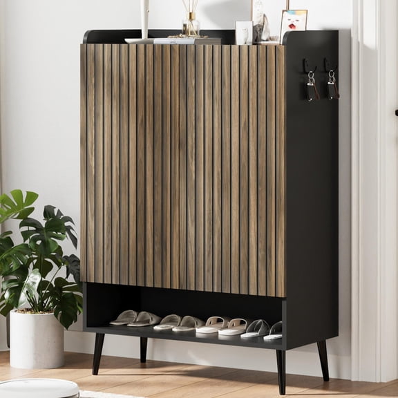 TROPOW Shoe Cabinet with Doors，6-Tier Shoe Organizer with 2 Doors & Additional Hooks for Hallway, Entryway, Living Room
