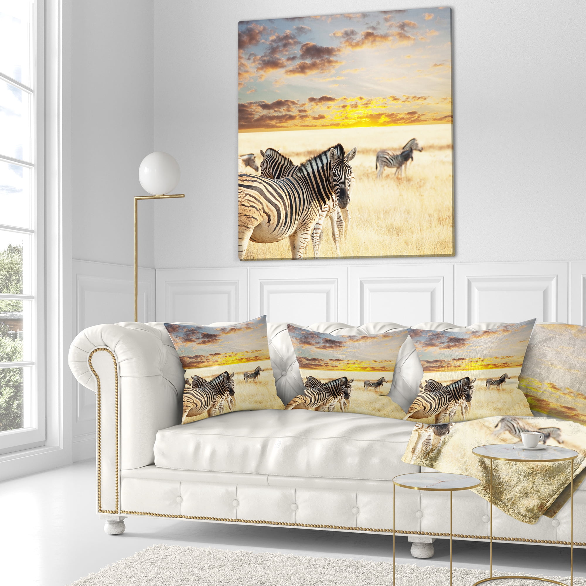 Designart Zebras Walking in Bush under Clouds - African Throw Pillow - 16x16