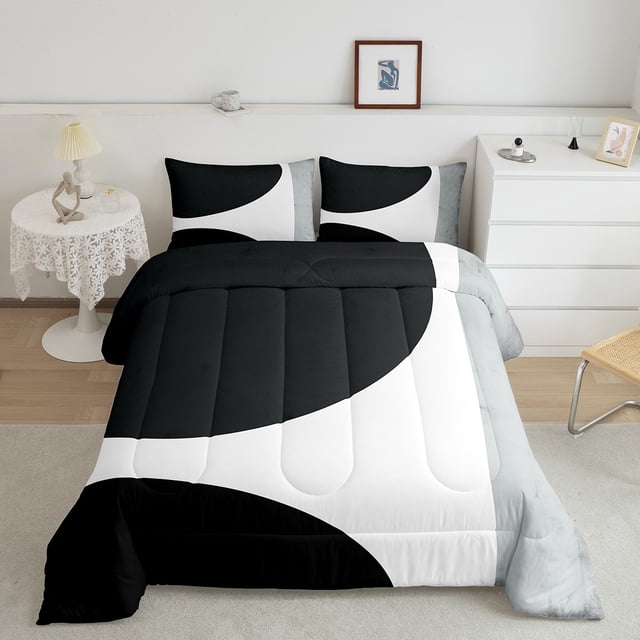 Erosebridal Contemporary Abstract Bedding Twin Comforter Set, Black White Gray Down Comforter Microfiber 2-Piece