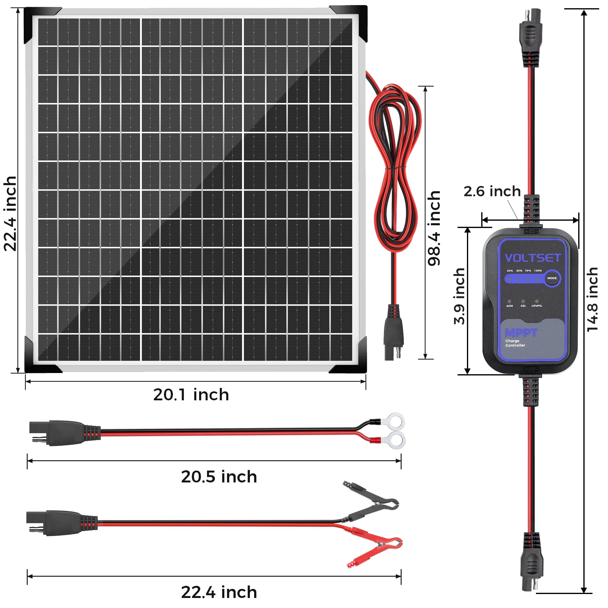 Voltset Solar Panel Kit 50W 12V with MPPT Controller, Solar Battery Trickle Charger Maintainer, Waterproof Solar Panel with Adjustable Mount Bracket for Boat RV Motorcycle Marine