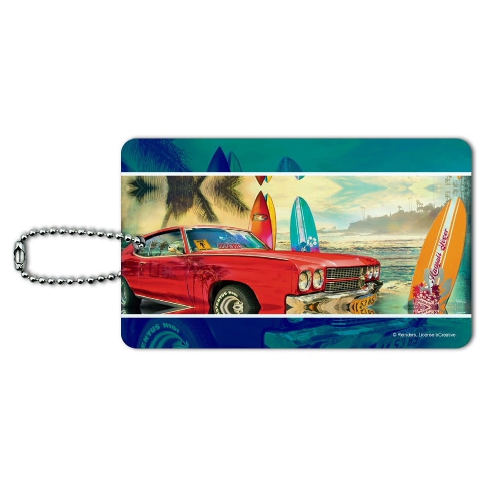 Red Classic Muscle Car Beach with Surf Boards Luggage Card Suitcase CarryOn ID Tag
