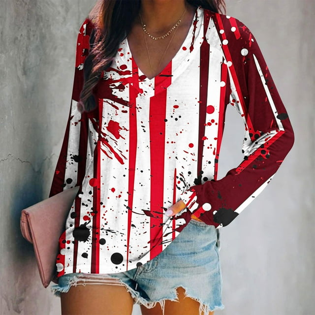 Wensltd Chemises d'Halloween Amusantes à Col en V pour Femmes, Manches Longues Graphiques Effrayantes