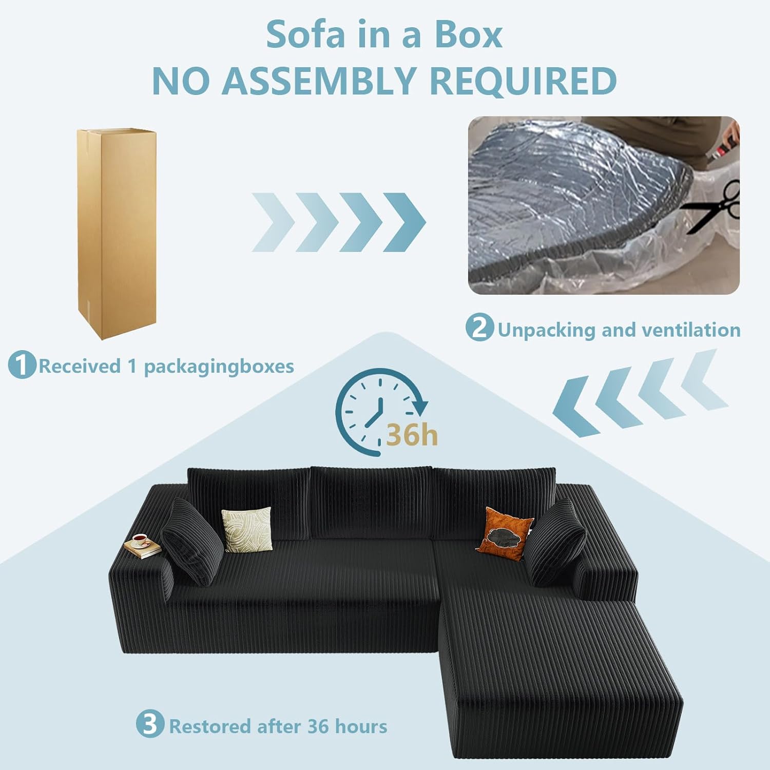 Cloud Couch Sectional, 96" L-Shaped Sofa, No Assembly Corduroy Couch with Chaise for Living Room,Black