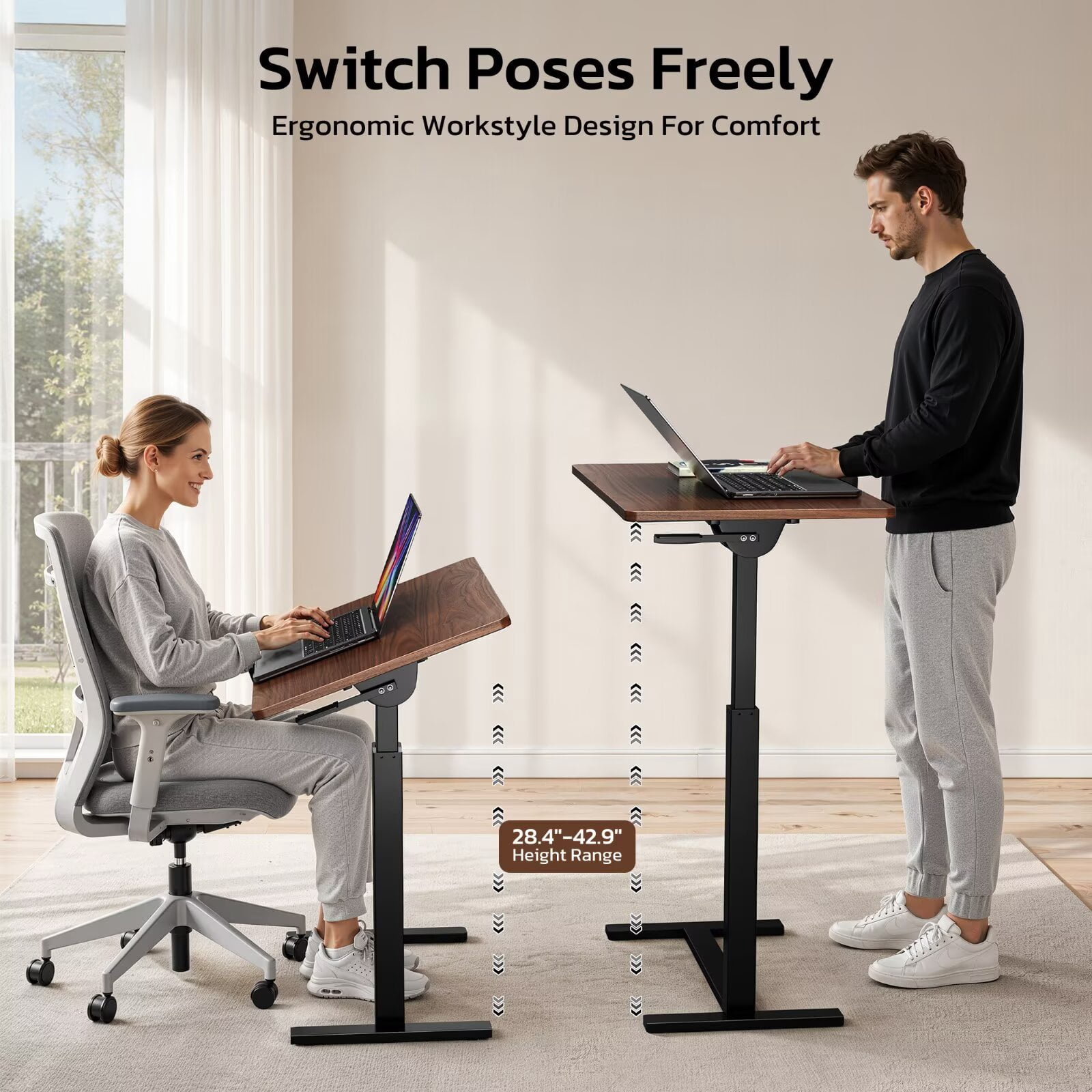 Simple Deluxe 0-180°Tilt Top Mobile Standing Desk Adjustable Overbed Table, Pneumatic Height Adjustable Rolling Laptop Desk with Hidden Wheels,Brown