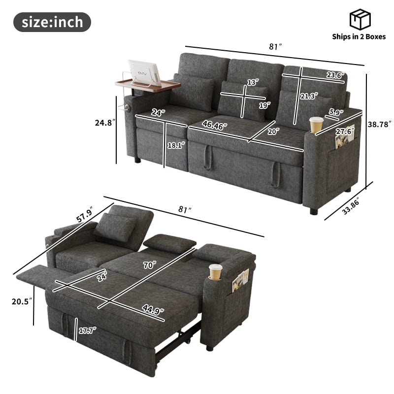 avobird 83" L Shaped Convertible Sofa Bed with Pull Out Couches, Adjustable Backrest and Seating, 3 in 1 Sleeper Sectional Sofa, Modern Chenille Sofa for Living Room, Dark Gray