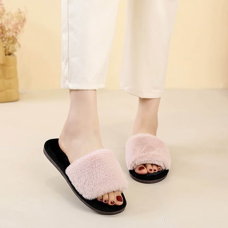 WOYY Women s Fuzzy Slippers Winter Open Toe Slide Slippers Indoor Non Flat Shoes