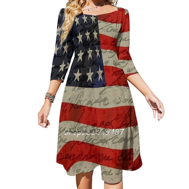 Robe Évasée Drapeau Américain Col Carré Robe Élégante Mode Féminine Imprimée Robe Drapeau Américain États Non Datés Patriotisme