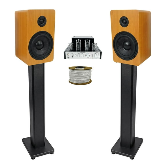 Rockville BluTube Tube Amplifier+5.25" Wood Bookshelf Speakers+36" Wood Stands + Rockville BLUE 14G50 OFC 14 Gauge 50 Foot 100% Copper Speaker Wire