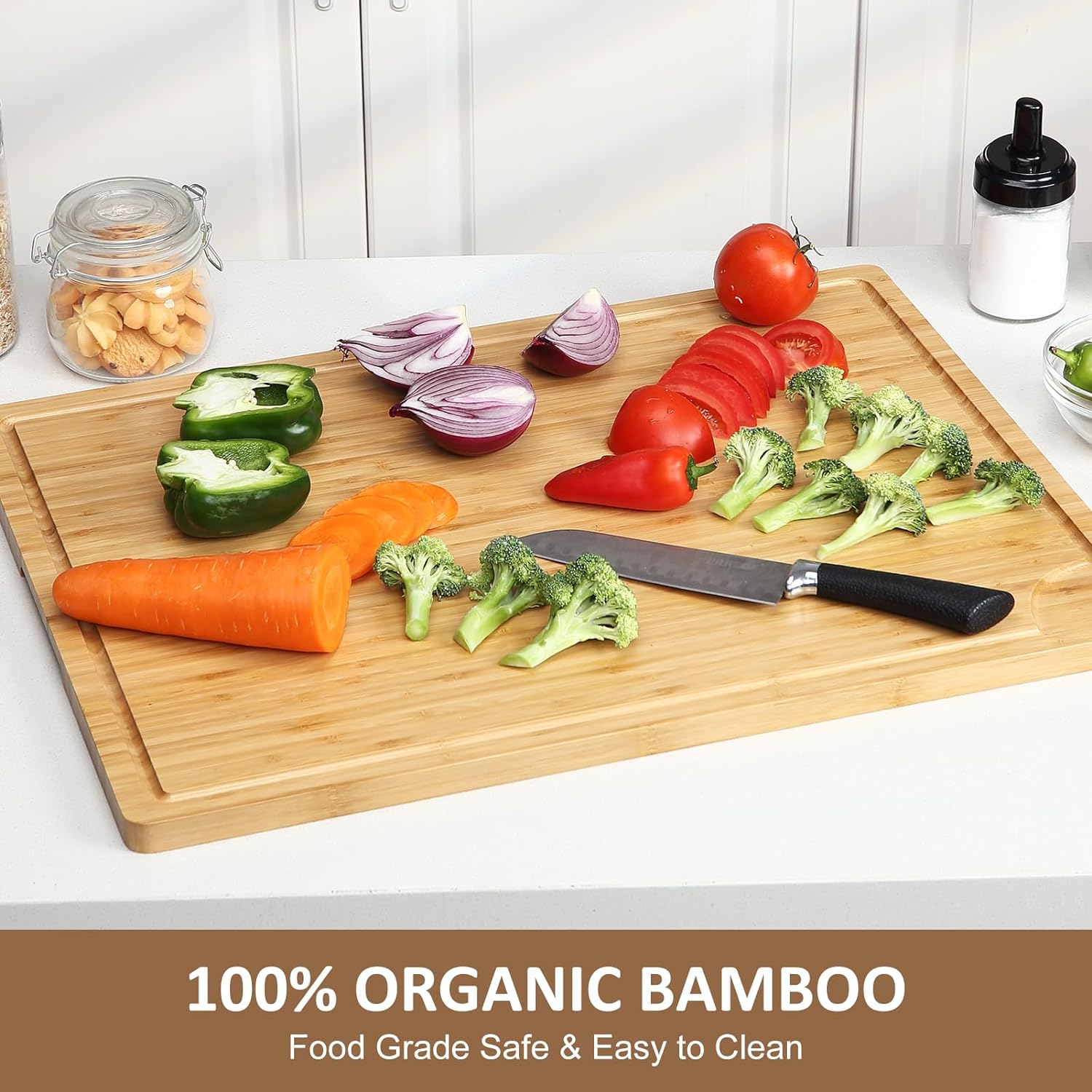 Bamboo Cutting Board for Kitchen, Wooden Butcher Block with Juice Groove & Handle, Wood Gas Stove Top Cover, Bamboo Chopping Board
