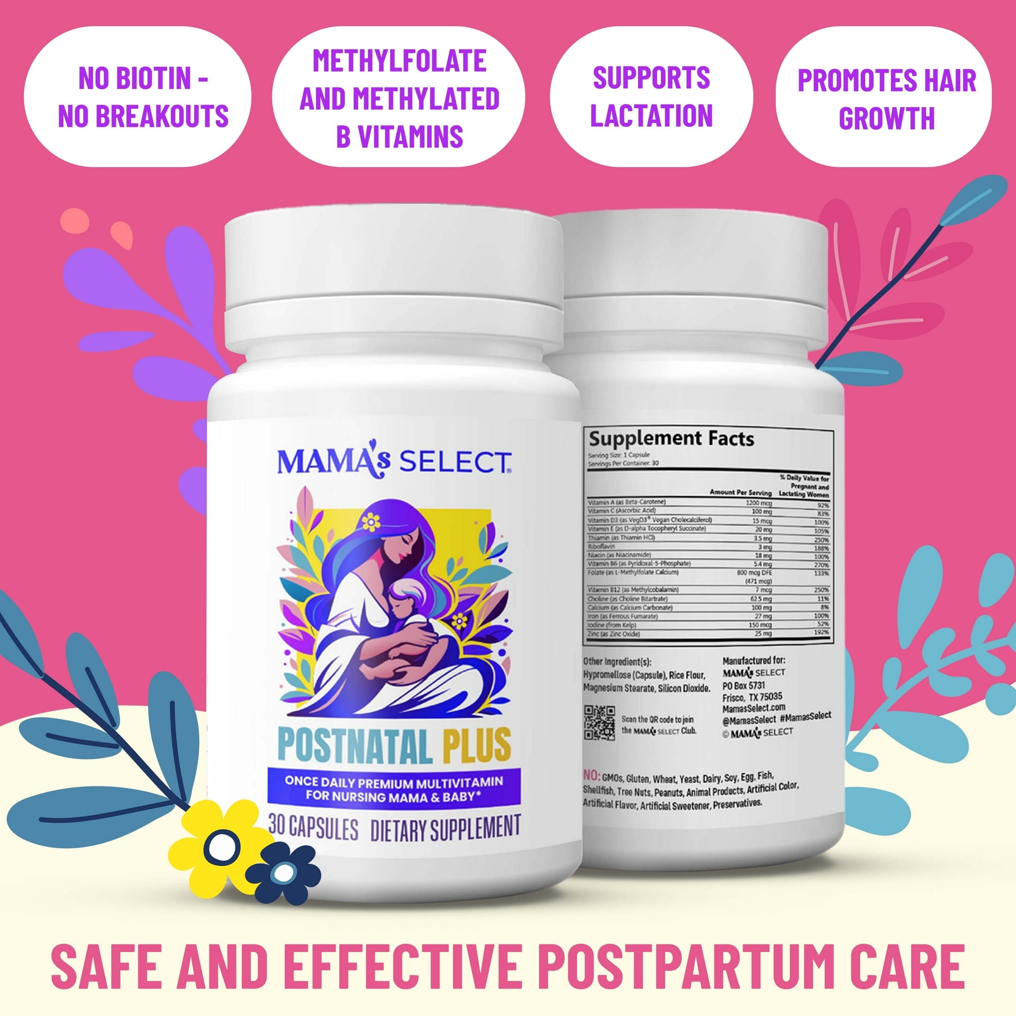 Mama's Select Postnatal Vitamins – Supports Hair Recovery, Milk Production, & Overall Wellness – Vegan, Allergen-Free, MTHFR-Safe with Methylated Folate & B Vitamins, Biotin-Free, Easy-to-Swallow