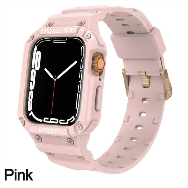 ALMNVO Apple Watch Case with Bands for Apple Watch Series 7 6 5 4 SE ,38mm 40mm 42mm 44mm 41mm 45mm ,Soft Sport Silicone Rubber Screen Protector Case for iWatch Series 3 2 1 4 5 6 -pink