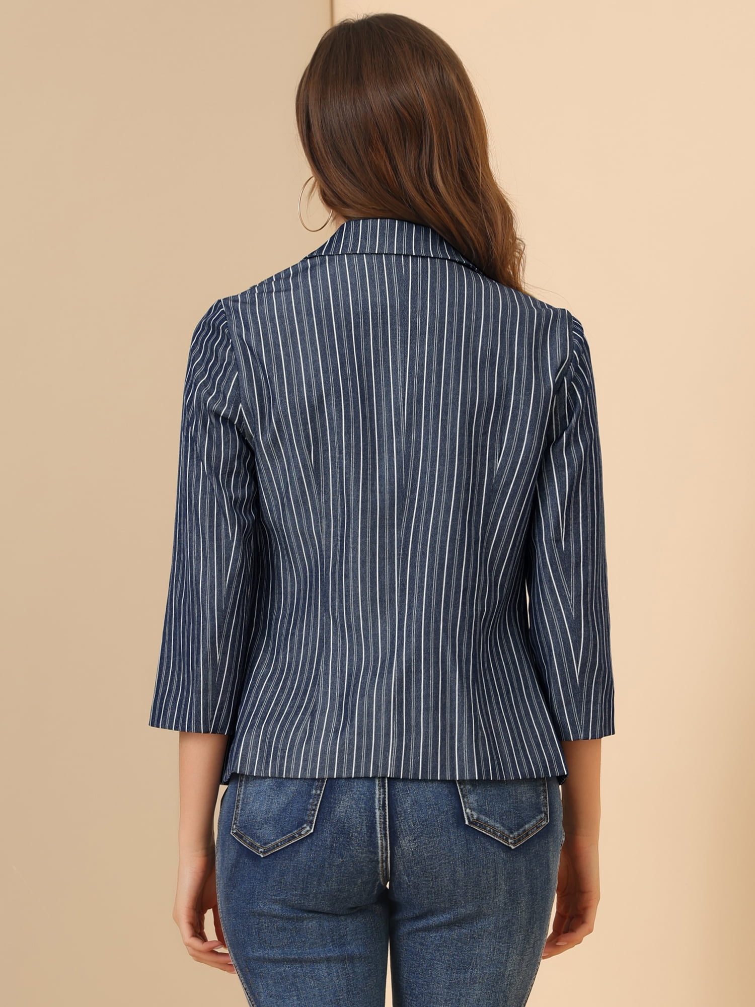DARING DIVA Women's Striped Open Front Notched Lapel Blazer XS Dark Blue