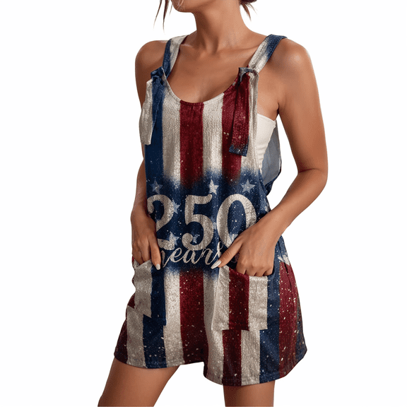 Independence Day Overalls Women 1776-2026 Regular Pant Leg Length Crew Neck Jumpsuits Patriotic American Flag Vintage Summer RompersS