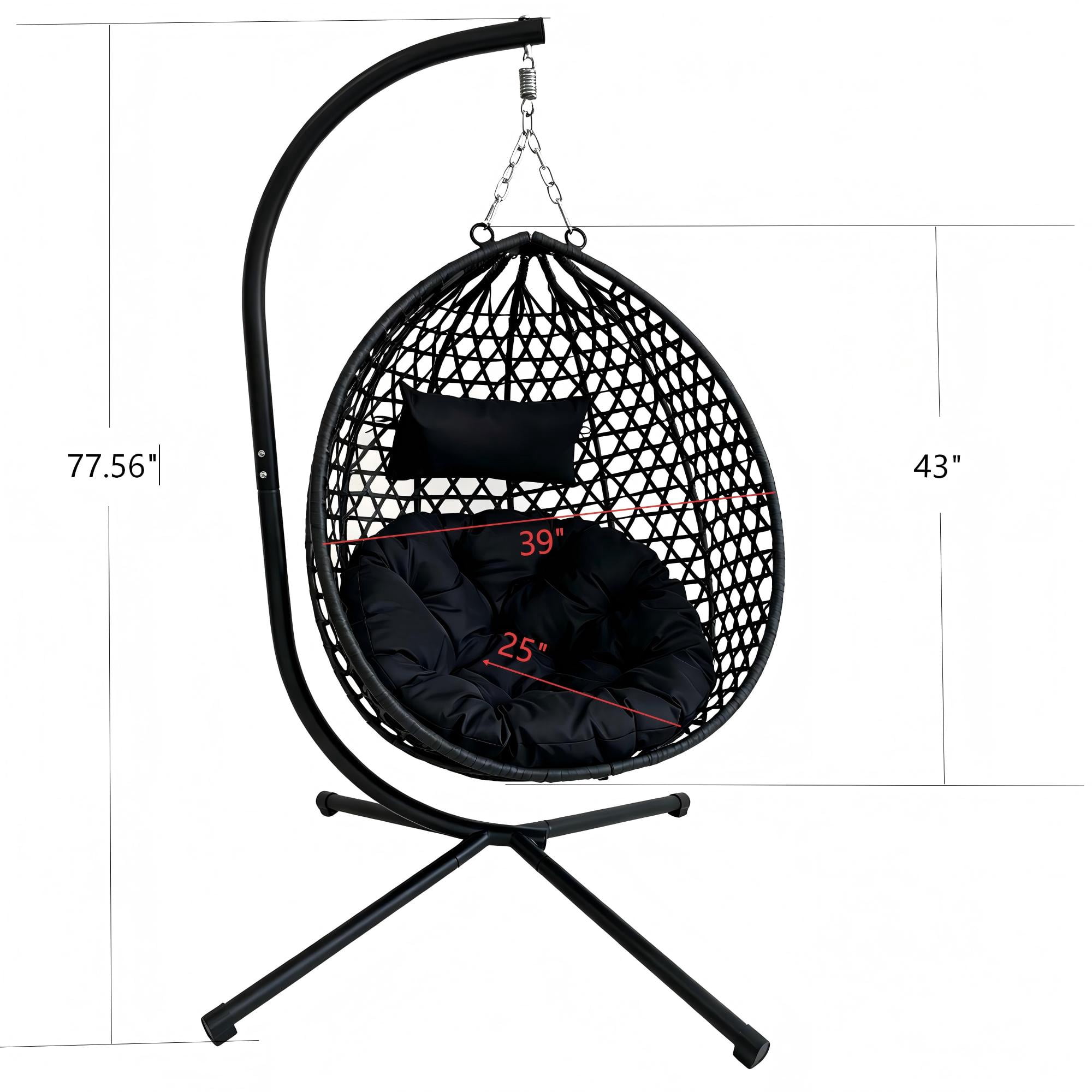 Foldable Hanging Egg Chair with Stand, HDPE Rattan Wicker Swing Chair with Cushion, Heavy Duty Frame 350 Lbs Capacity, Outdoor Patio Indoor Bedroom Balcony