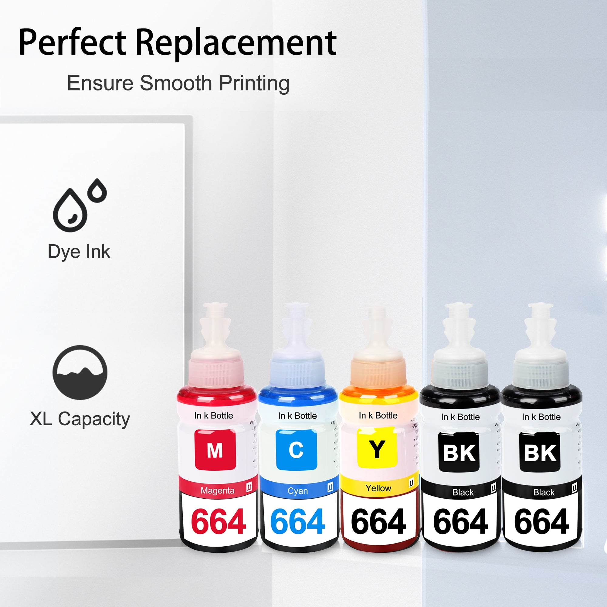 664 Dye Ink Bottle Refill Replacement for L120 L210 L300 L355 L395 L1300 L800 Printer(5 Pack)