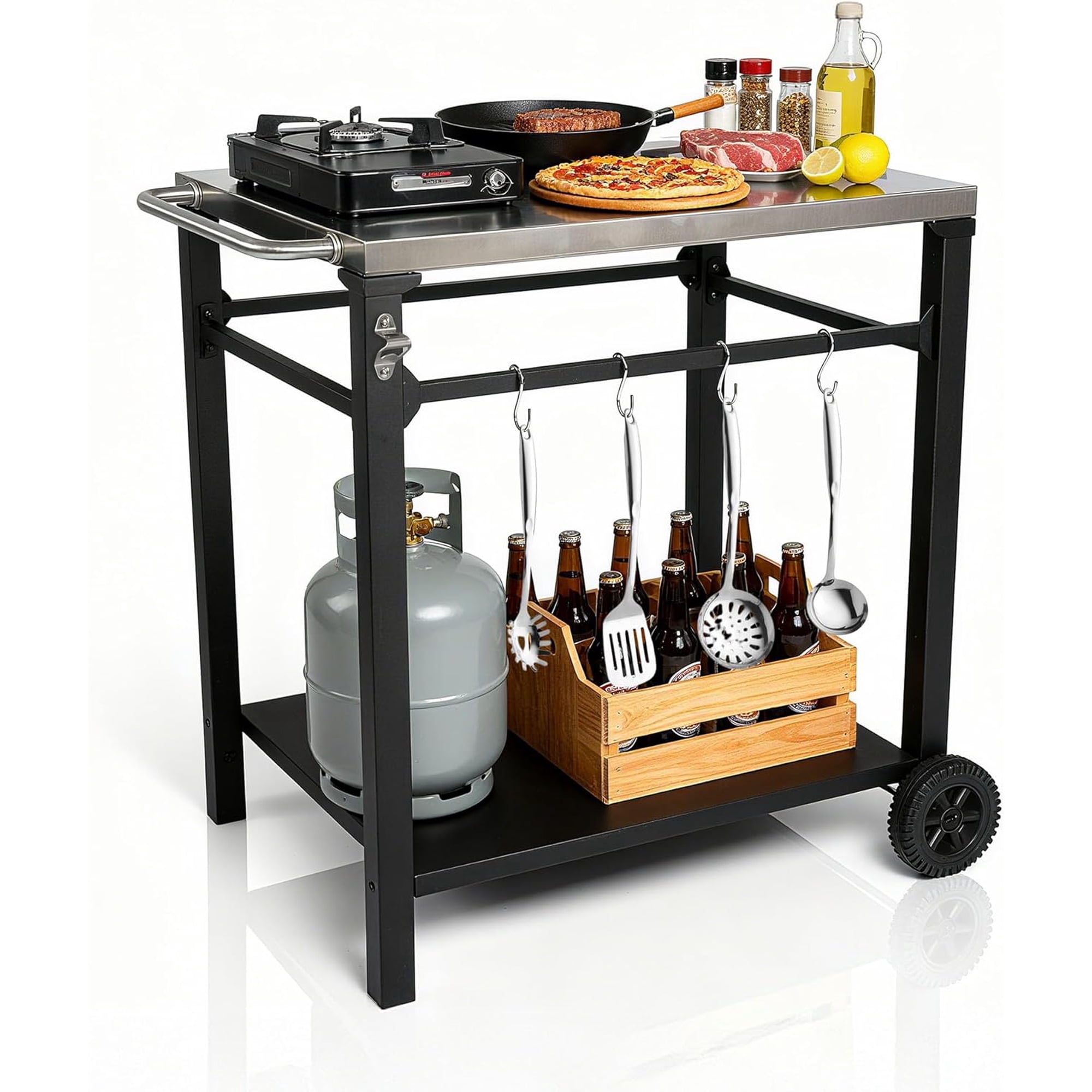 Grill Cart, Grill Table, Outdoor Kitchen, Rolling Dining Table, Stainless Steel Tabletop, Outdoor Garden Patio BBQ Kitchen Food Prep Table Cart