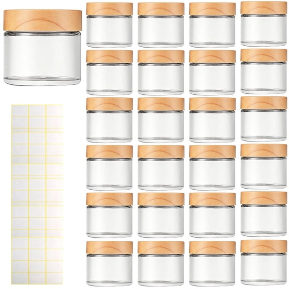 24 PCS 2 oz Clear Glass Jars with Lids, 2.1 x 2 in Empty Round Cosmetic Containers with Woodgrain Plastic Caps, Inner Liners and White Labels for Creams Lotions DIY Storage