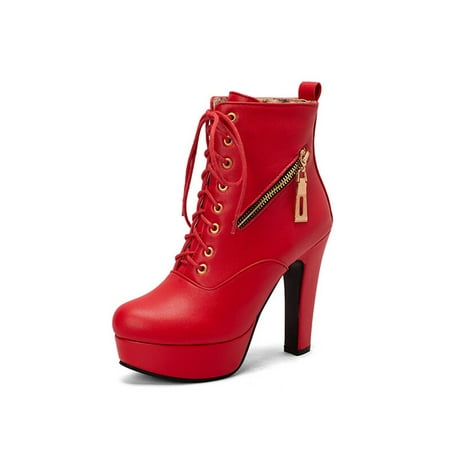 

UKAP Ladies Fashion High Heels Booties Wedding Anti Slip Dress Bootie Ankle Chunky Heeled Boot Red 9