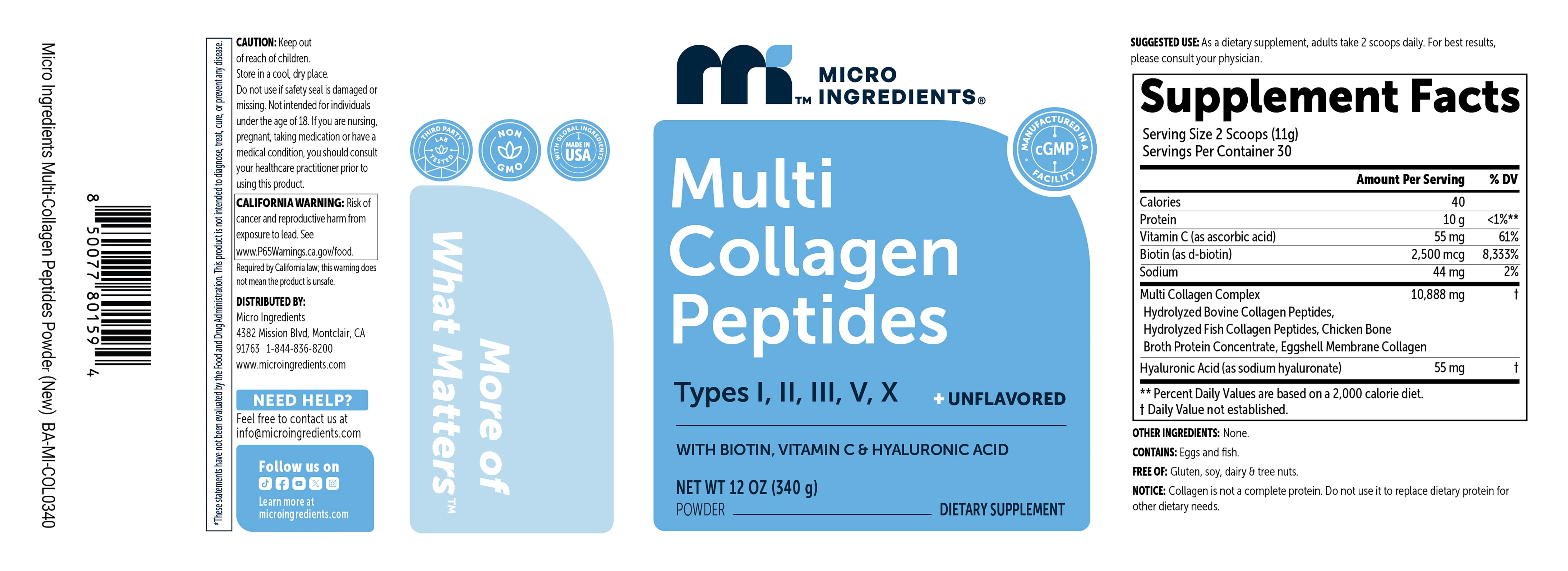 Micro Ingredients Multi Collagen Peptides Powder, Full Spectrum Type I, II, III, V, X + Biotin, Hyaluronic Acid, & Vitamin C, Unflavored, Keto & Paleo Friendly, 12 Ounces