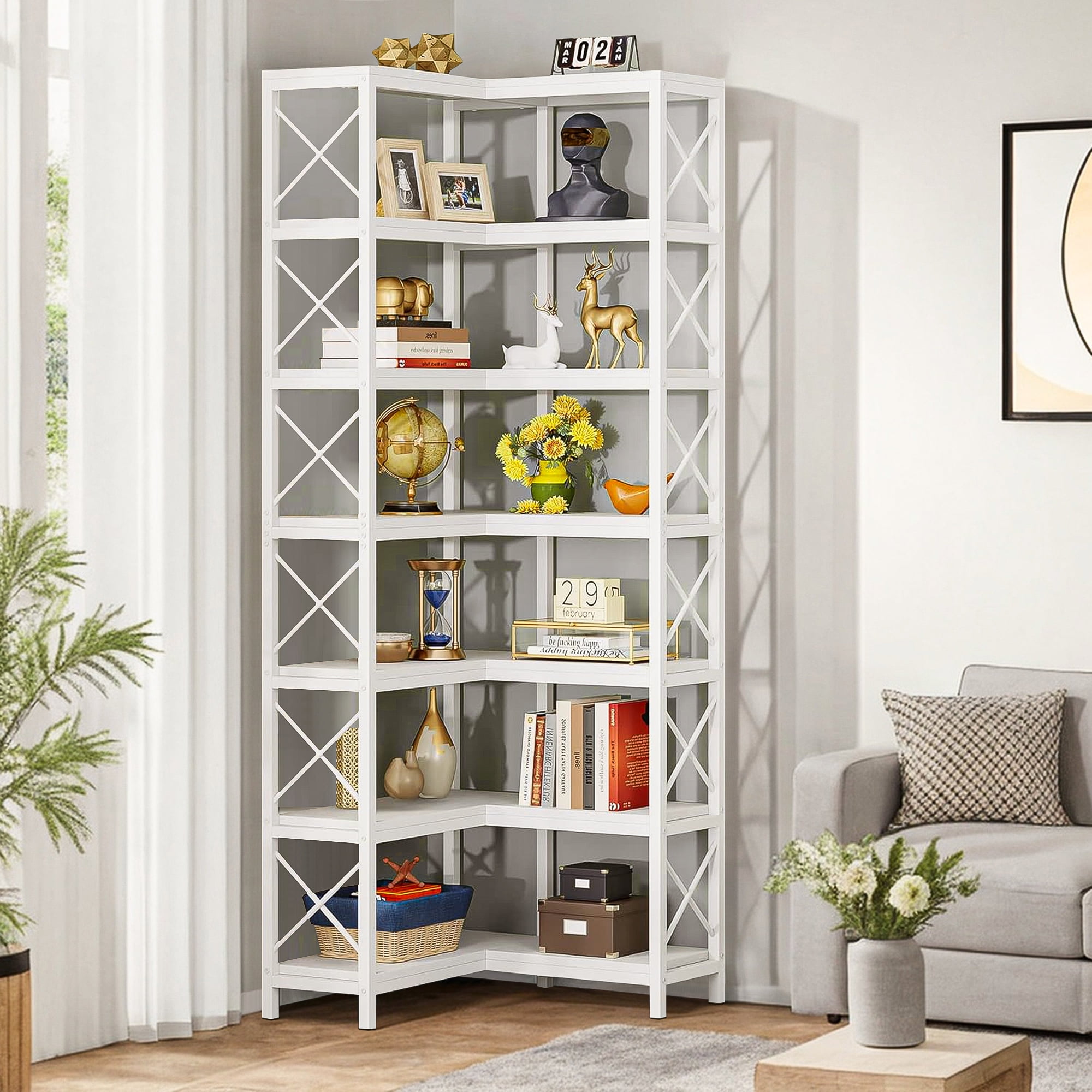 Demi Bonn 7 Tier Corner Bookshelf, Bookshelves, Open Etagere Bookcase Shelf Storage Organizer, Storage Shelving Unit for Bedroom, Living Room and Home Office, White