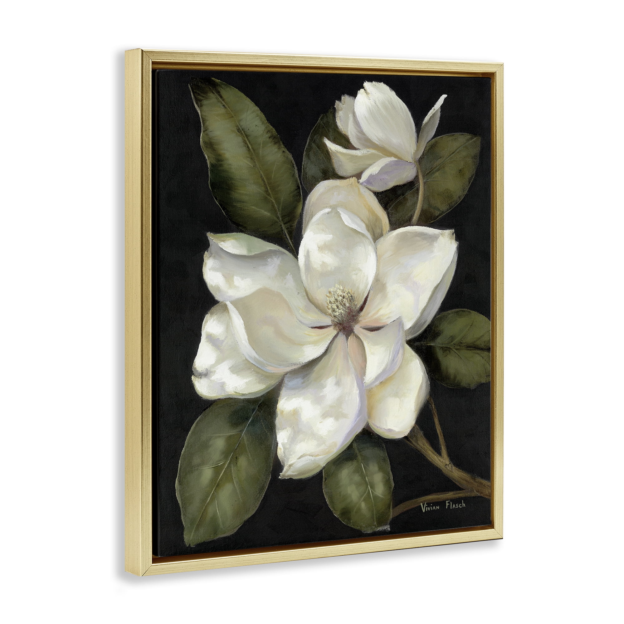 Stupell Industries Blooming Magnolia Buds Gold Framed Floater Canvas Wall Art, design by Nan
