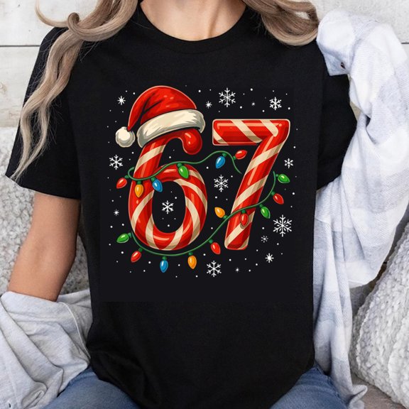 100% Cotton Christmas Candy Cane Number 67 Santa Hat Lights Snowflakes Holiday T-Shirt For Women Men Unisex Festive Xmas Shirt
