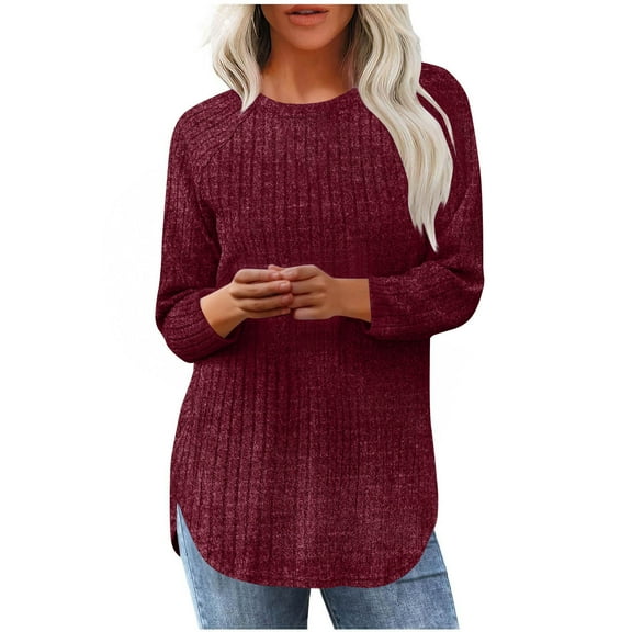 Womens Knit Tunic Tops Side Split Curved Hem Long Sleeve Crewneck Sweaters Lightweight Casual Trendy Pullovers (XL, Wine)