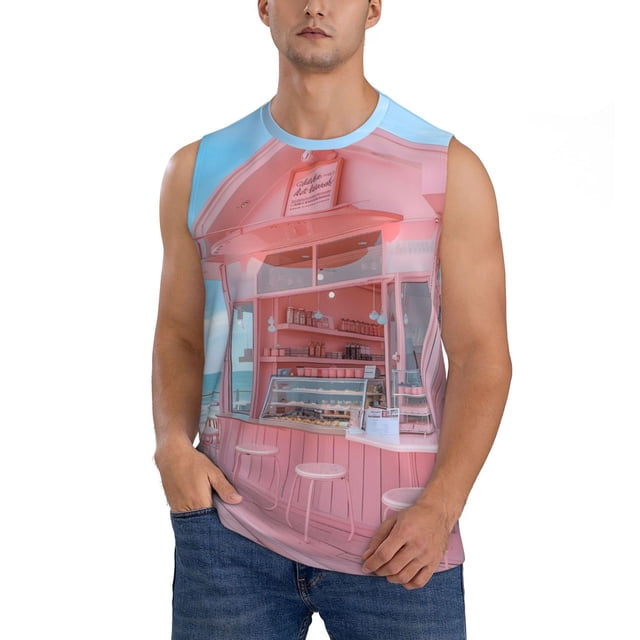 Fotbe Pastel Pink Beach Cafe Men's Camiseta sin Mangas Estampada para Hombres, Playera Casual para Gimnasio, Entrenamiento, Playa-Small