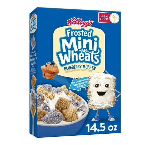Kellogg's Frosted Mini Wheats Breakfast Cereal, Fiber Cereal, Kids Snacks, Blueberry Muffin, 14.3oz Box (1 Box)