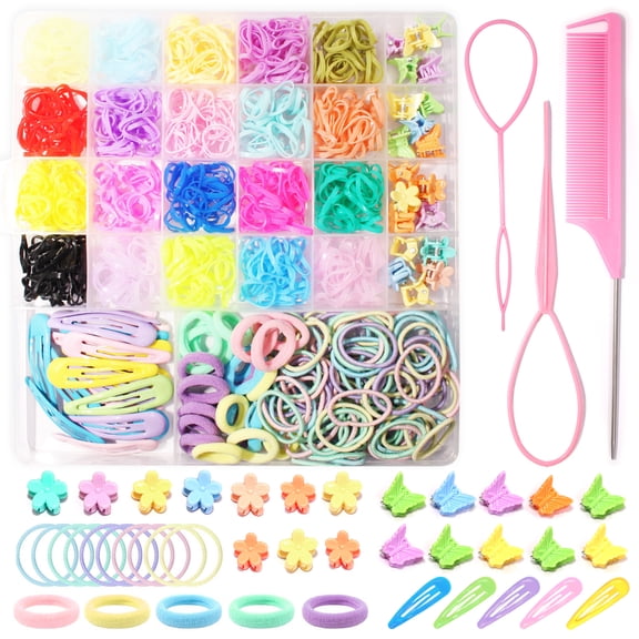 1500 Pcs Boxed Candy Color Hair Accessories Kit for Girl, 20 Colors Elastic Hair Rubber Bands Set with Hair Ties, Hair Tail Tools, Rat Tail Comb, Butterfly Flower Hair Clips