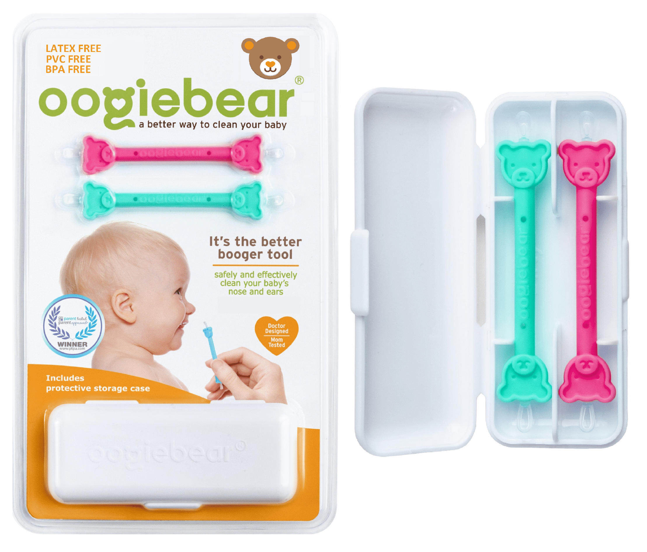 oogiebear – Patented Dual Earwax/Snot Remover for Baby – 2-pack with case (raspberry & seafoam). PVC & BPA Free.
