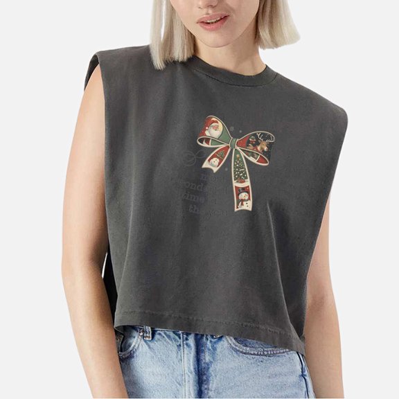 EcoLoom Santa Claus Christmas Bow Cap Sleeve Muscle Crop Shirt Women Sleeveless Baby Tee