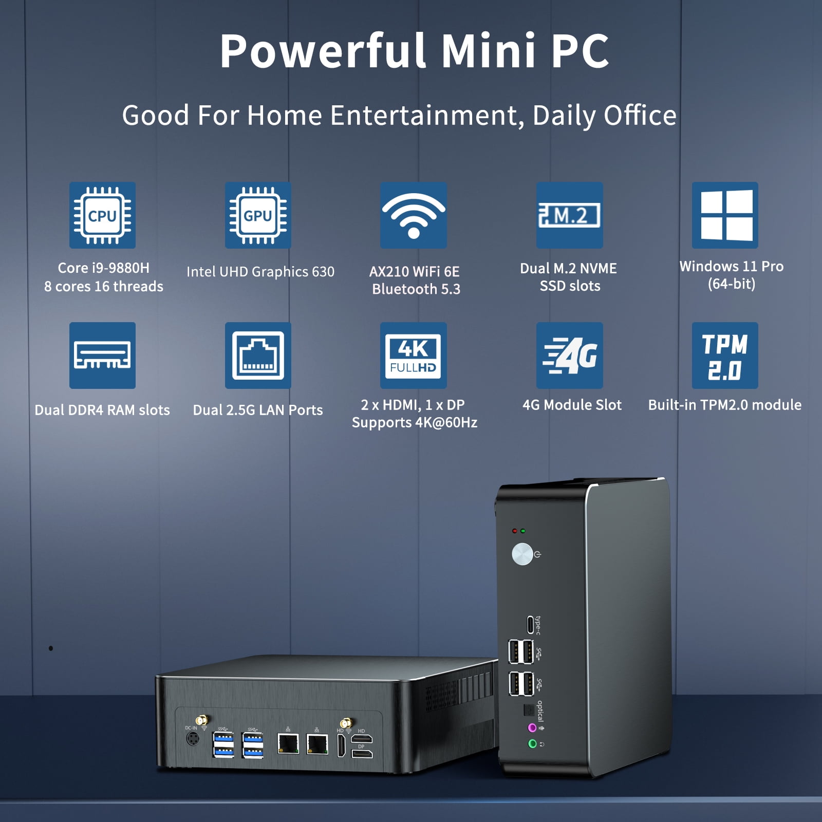 Mini PC i9, Kinupute Desktop Computer Core i9-9880H, TPM2.0, Windows 11 Pro, 32G DDR4, 1T PCIE3.0 NVME SSD, DP/HDMI/USB-C Port, 4K@60Hz, 2x2.5G RJ45 LAN, WiFi 6E/BT5.3, Support 4G Module, HTPC
