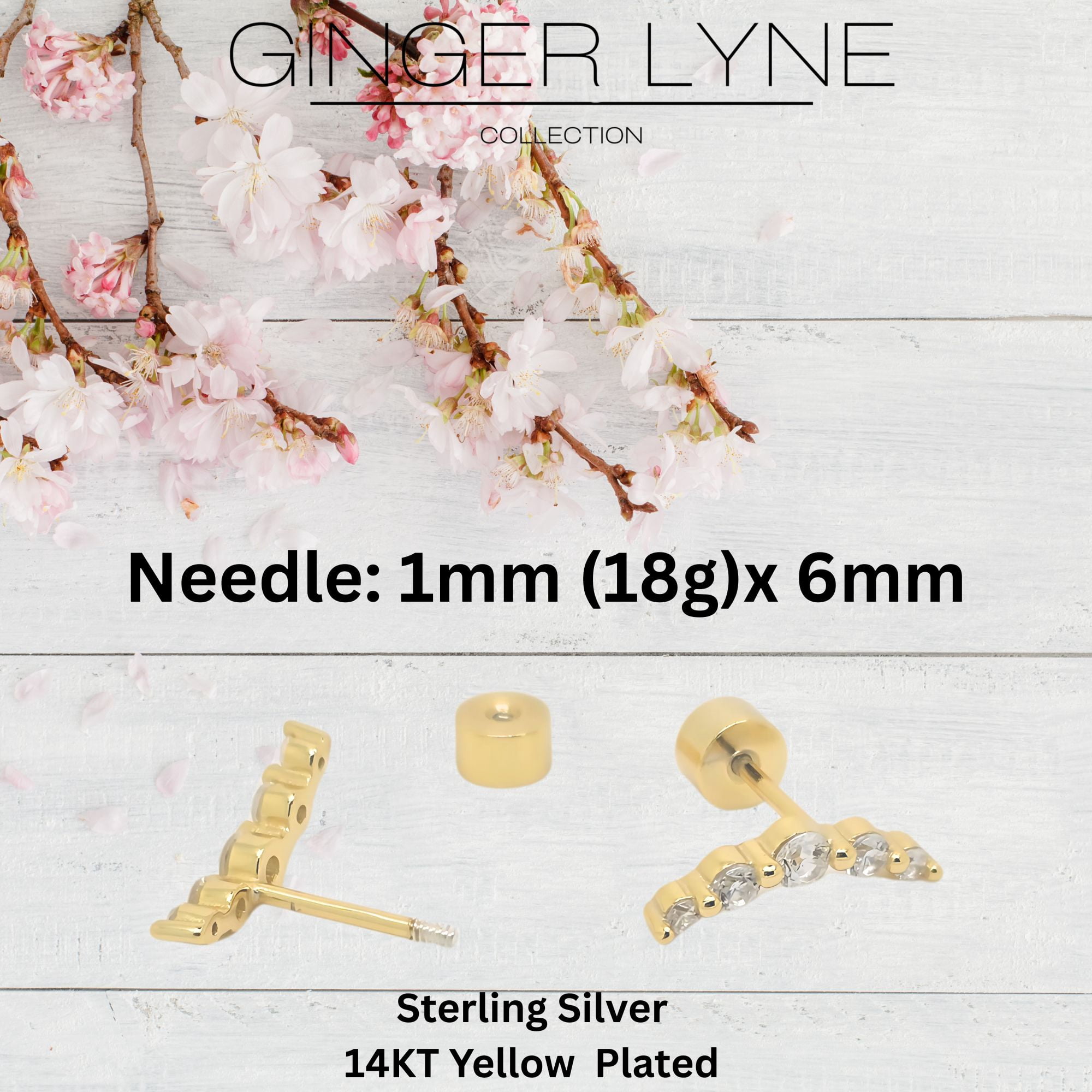Graduated CZ Crawler Flat Back Earrings for Cartilage Helix Tragus Lobe Gold Plated Sterling Silver 1 pair by Ginger Lyne
