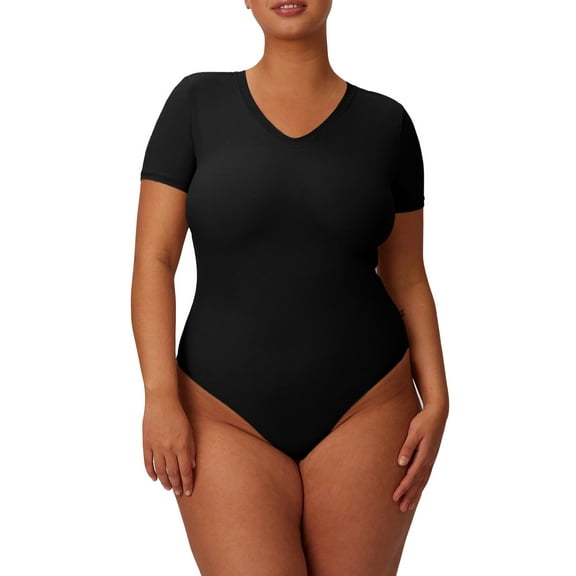 POSESHE Women's Plus Size Bodysuit, V neck Short Sleeves Basic Bodysuit